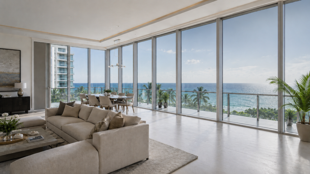 Oceanfront condo interior with window film reducing glare and heat