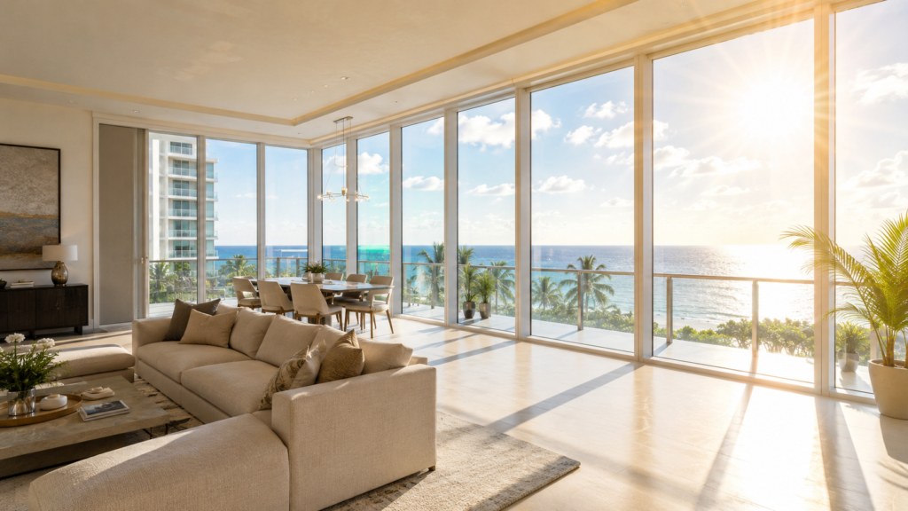 South Florida condominium interior with clear windows overlooking the ocean and bright sunlight entering the room