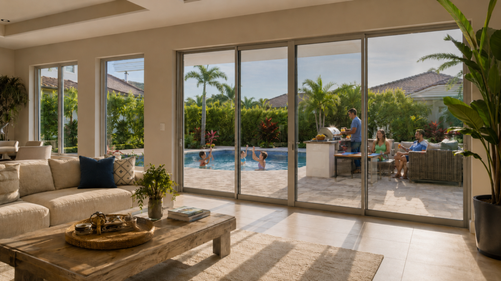 South Florida suburban home interior with window film on sliding glass doors reducing glare and heat while overlooking a pool and backyard family gathering
