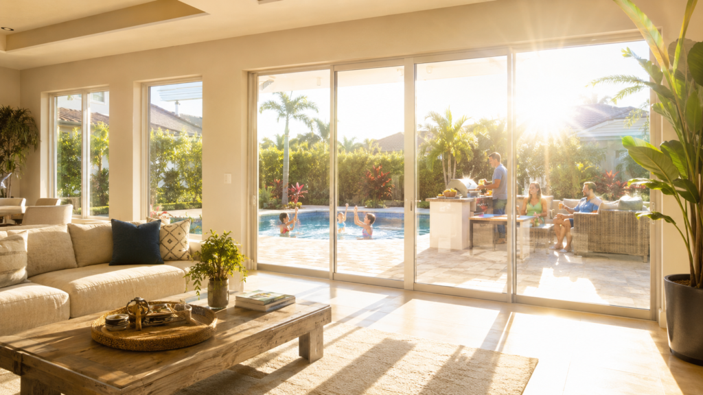 South Florida suburban home interior with clear sliding glass doors overlooking a pool, children swimming, and adults enjoying a backyard gathering