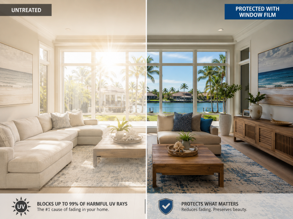 Before and after comparison showing untreated windows causing fading and window film helping protect furniture and artwork from UV rays