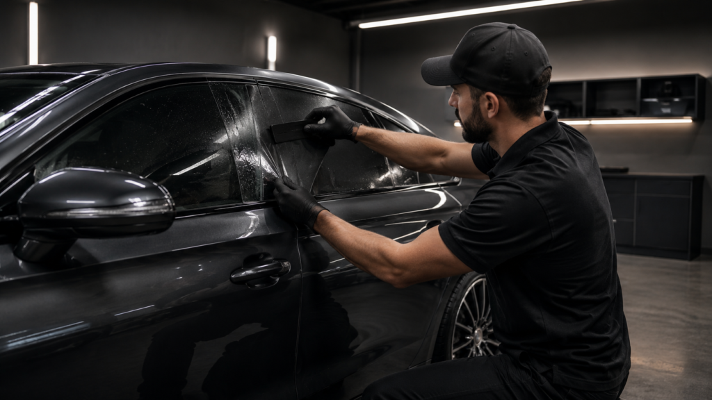 Professional installer applying automotive window tint film